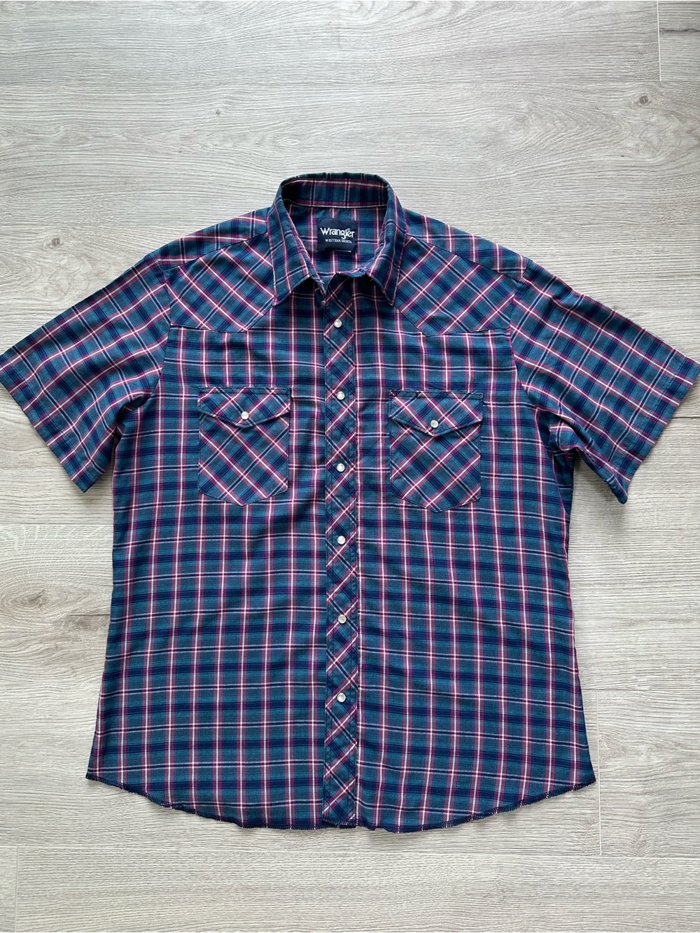 Wrangler Western Short Sleeve Pearl Snap Plaid Shirt Pink Blue Mens Large